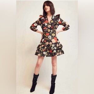 WARM Brianna Dress Womens Size 2 Black Floral Print Long Sleeve Cotton Fit Flare